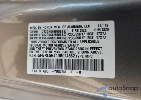 2013 Honda Odyssey Ex z USA, uszkodzony, nr VIN 5FNRL5H49DB024582